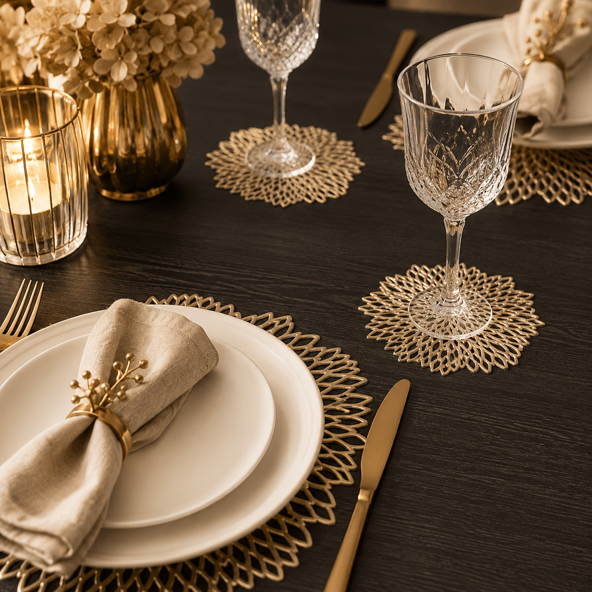 8pcs Set of Light Luxury Style Table Decor Placemats, Suitable for Various Round Tables to Create Exquisite Dining Atmosphere, Exquisite Golden Leaf Vine Carved with Marble Texture Hollow Design, And Daily Wipe Easy to Care