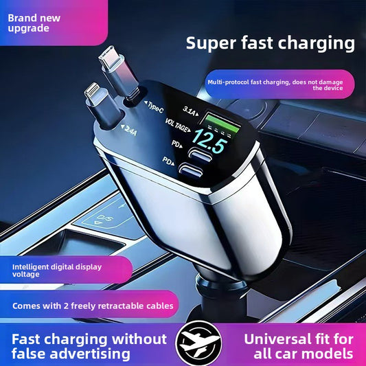 Retractable Cable Car Charger 120W Fast Charging Dual Port