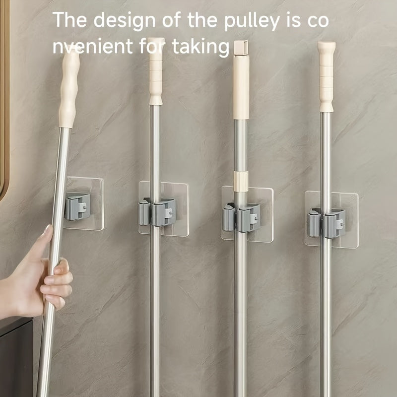 4pcs Mop Rack Non-Drilled Mop Clip Holder Wall-Mounted Mop Hook Toilet Hanger Artifact Strong Storage Kitchen Organizer, Utility Hooks