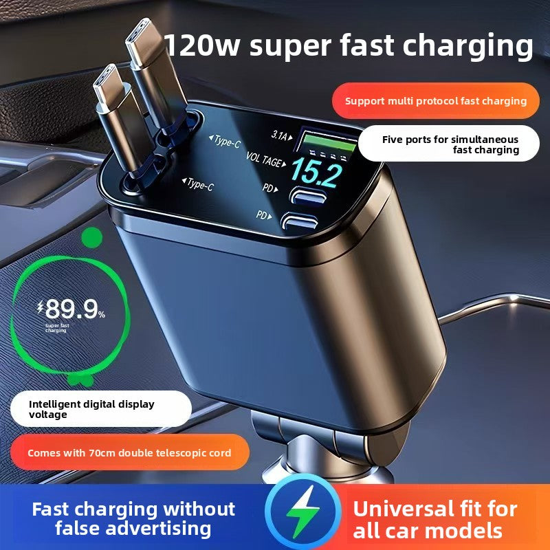 Retractable Cable Car Charger 120W Fast Charging Dual Port