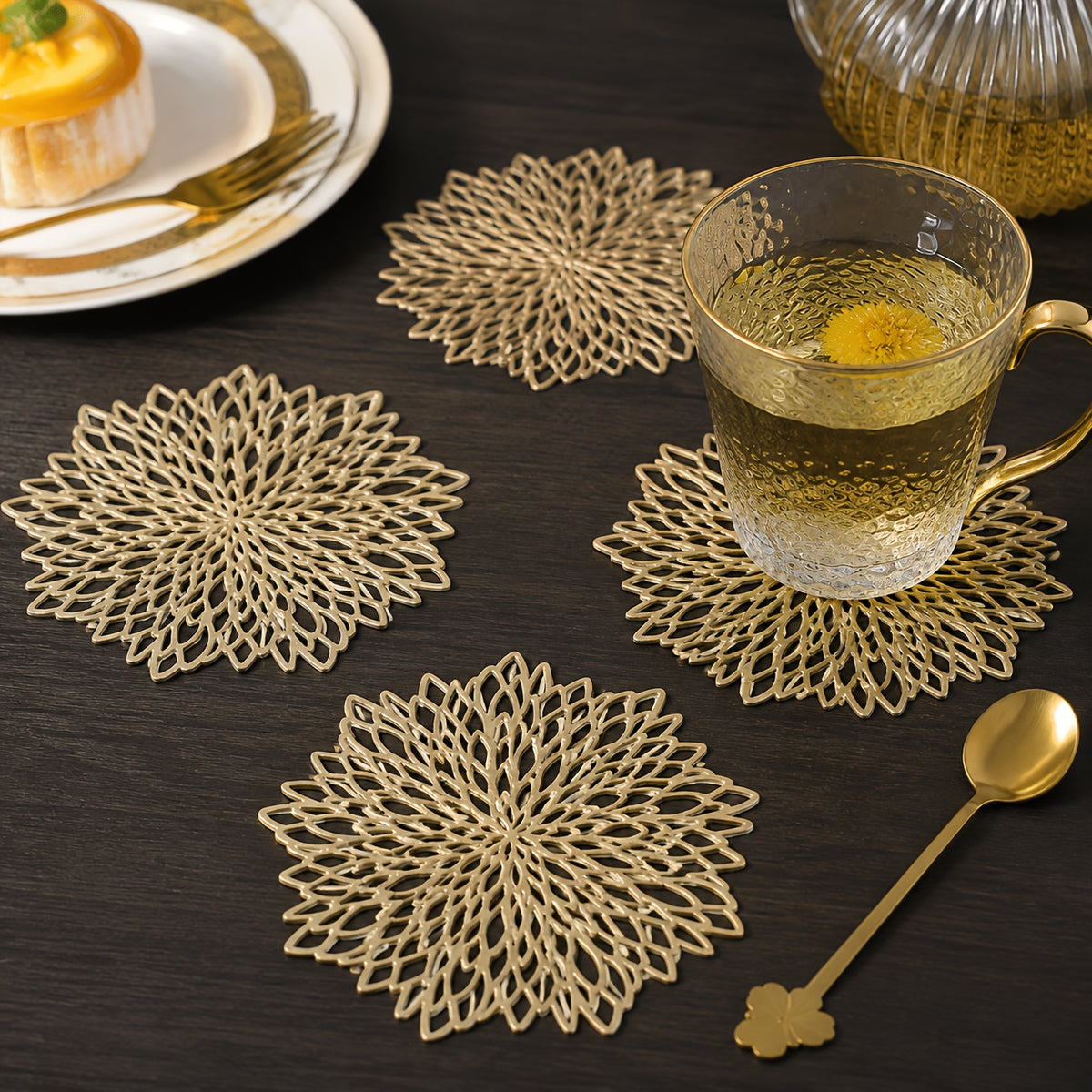 8pcs Set of Light Luxury Style Table Decor Placemats, Suitable for Various Round Tables to Create Exquisite Dining Atmosphere, Exquisite Golden Leaf Vine Carved with Marble Texture Hollow Design, And Daily Wipe Easy to Care