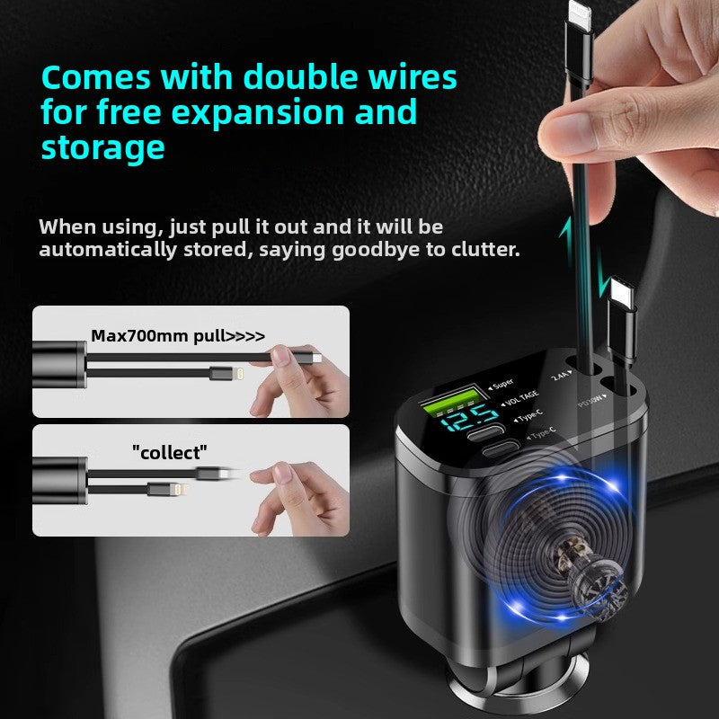 Retractable Cable Car Charger 120W Fast Charging Dual Port
